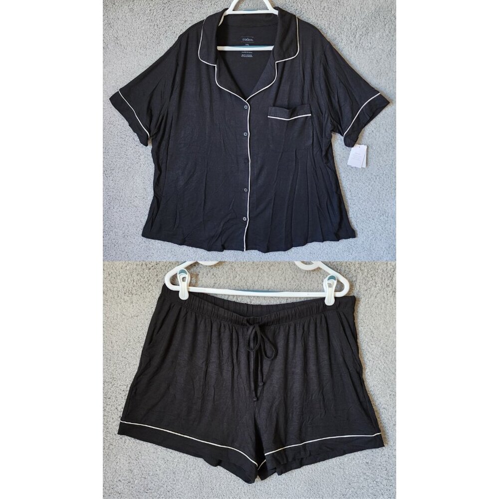 NEW Auden Women's 2-Piece Cloud Knit Pajama Button Top/Shorts Set Black Size XXL